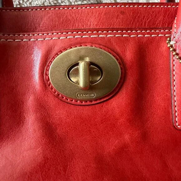 Vintage Coach Leather Satchel Handbag Orange Red Brass Hardware - Picture 3 of 7